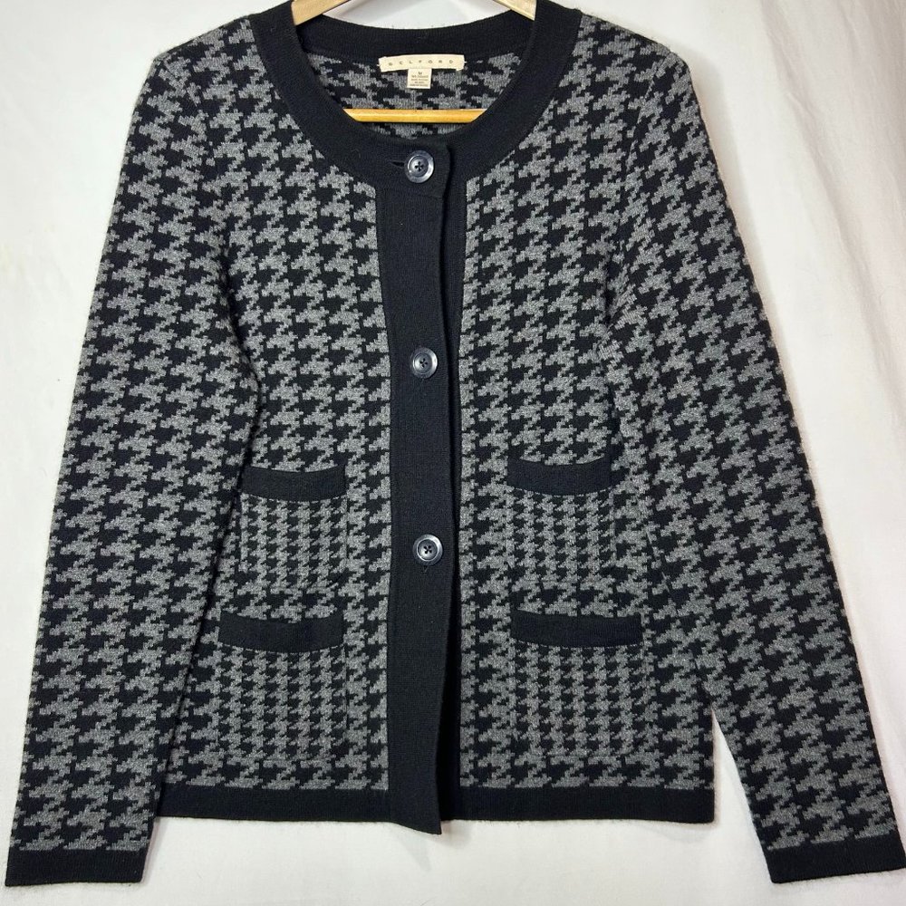 Belford Houndstooth Cardigan Sweater Women's Medium Black Gray Button Front